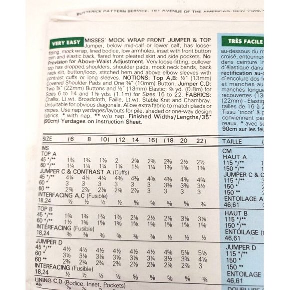 Butterick Pattern #5693 Wrap Front Jumper &Top UNCUT S1ze 12 14 16 ©1991 - Picture 3 of 3